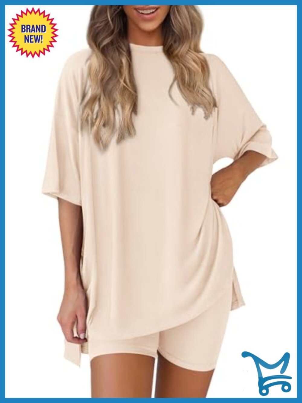 Women 2 Piece Lounge Set - Oversized Tee & Biker Shorts Matching Outfit - Soft